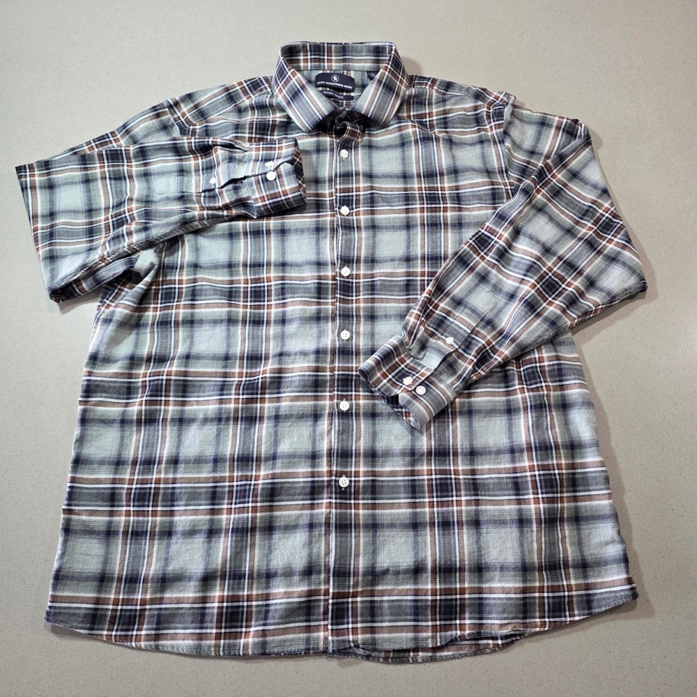 Hart Schaffner Marx Mens XL Plaid Button Down Shirt Green Brown Comfort Stretch
